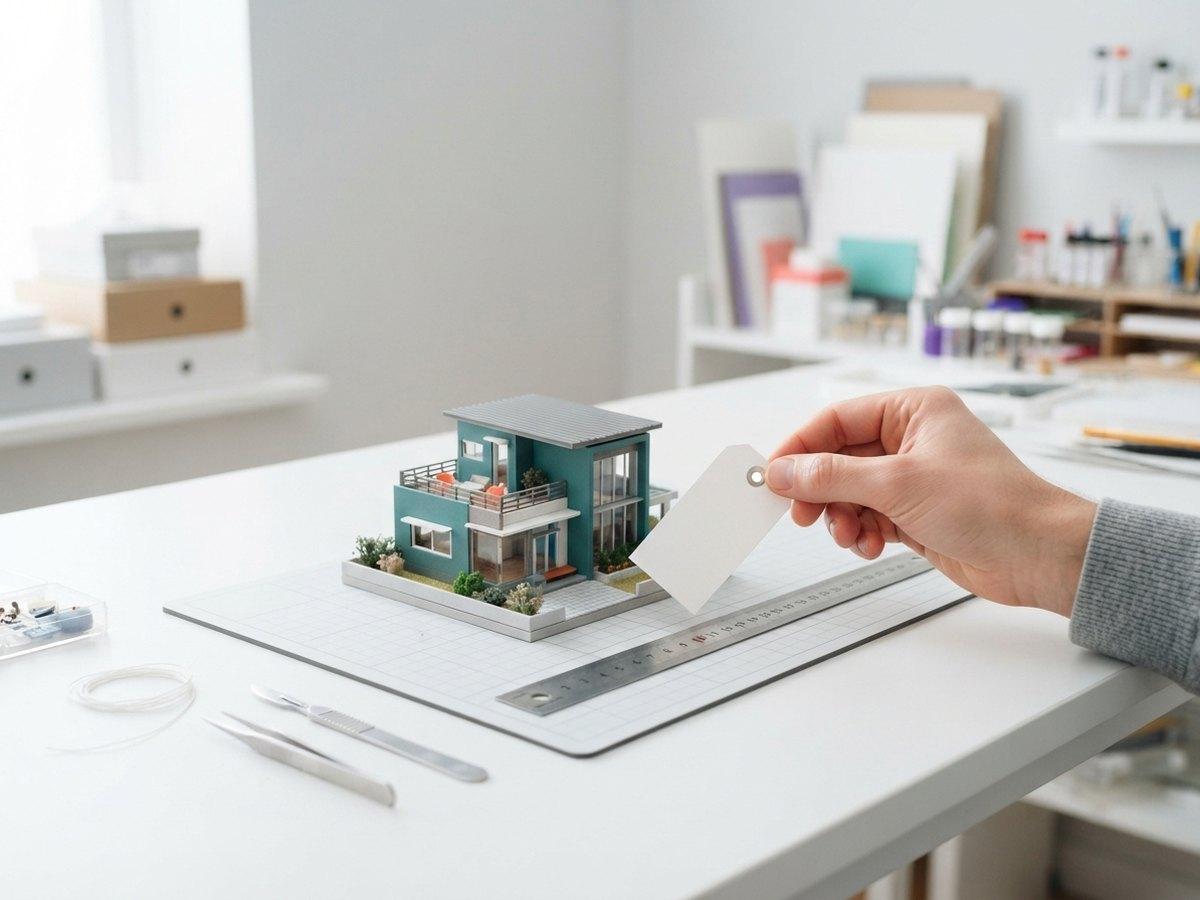 A hand holds a blank price tag beside a small teal architectural house model on a cutting mat with a steel ruler