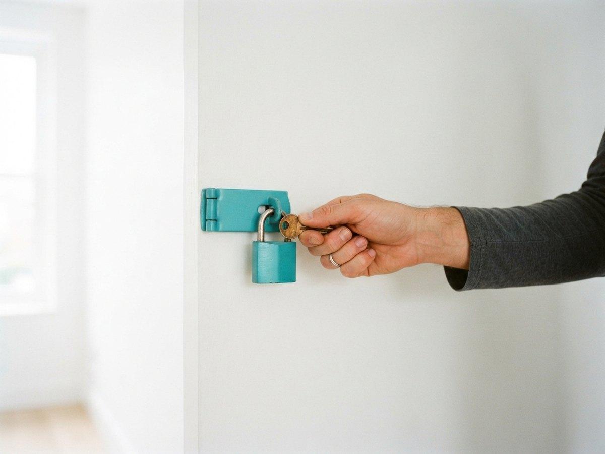 A hand puts a brass key into a teal padlock fixed to a white wall