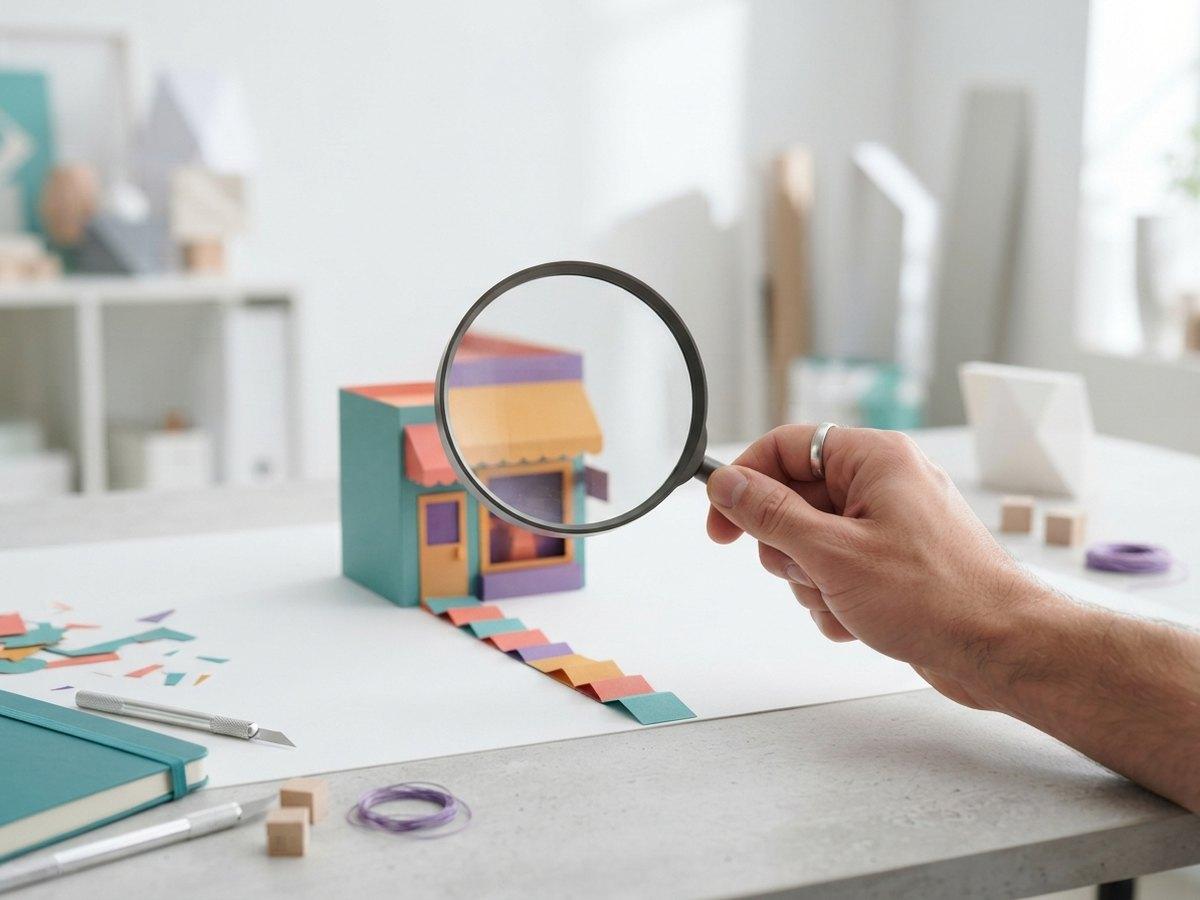 A hand holds a magnifying glass over a small paper model shop with an orange awning on a craft table