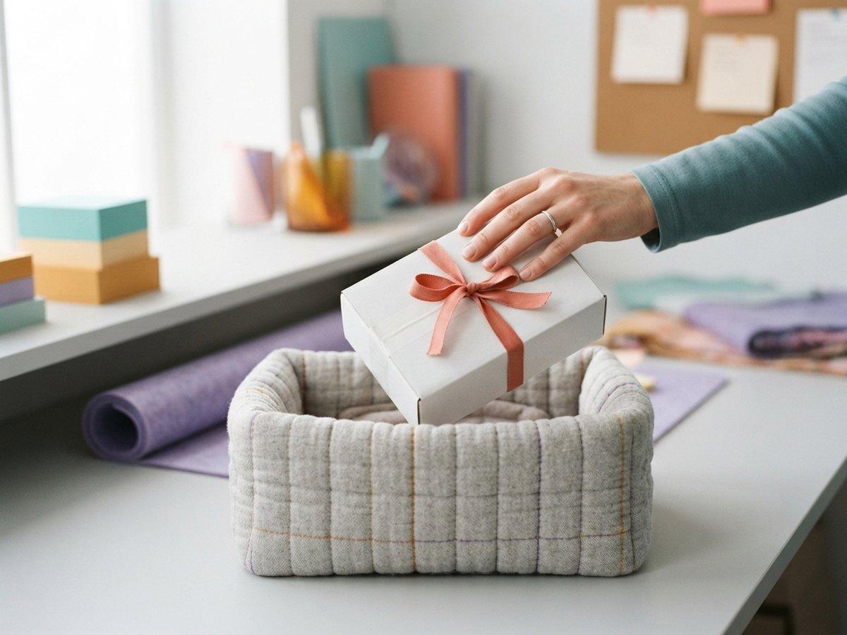 A hand rests on a white gift box tied with a coral ribbon, held just above a padded fabric basket