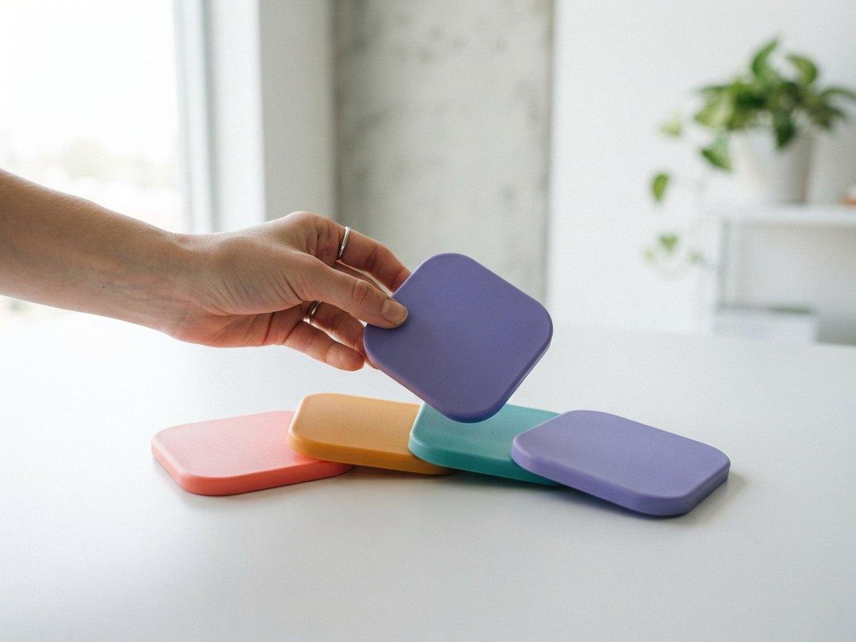 A hand picking up a purple rounded tile from a row of pastel tiles on a white table