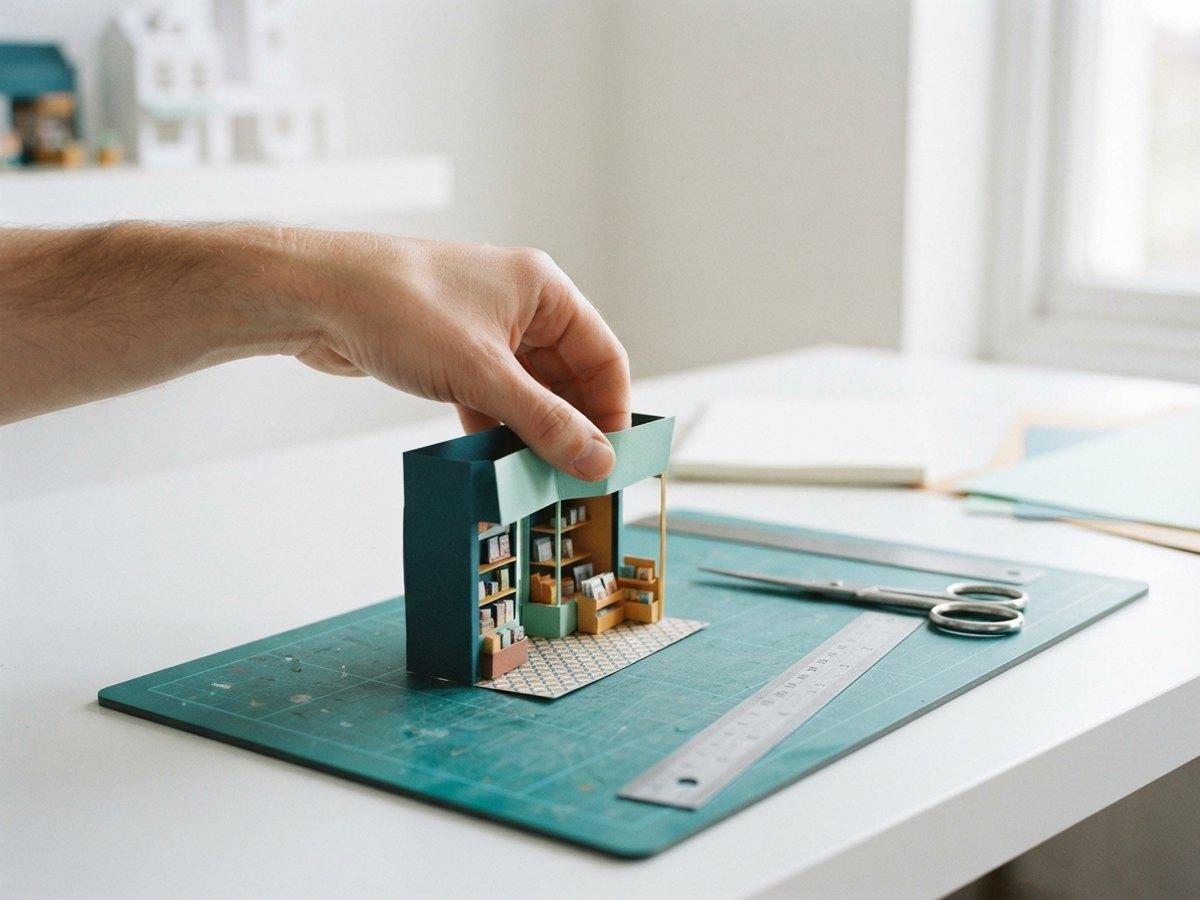 A hand lifting the front of a small paper shop model with tiny shelves, on a cutting mat with scissors and rulers
