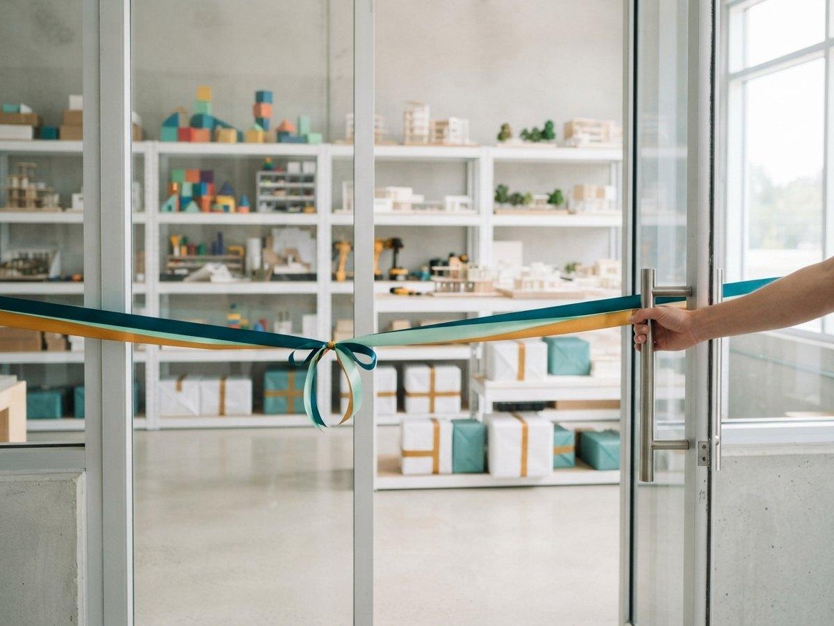 A teal and gold ribbon stretched across glass doors of a bright empty shop with shelves of models and wrapped parcels