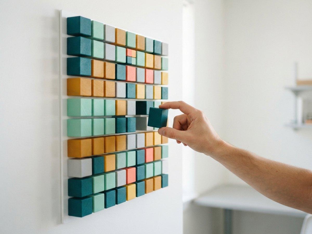 A hand placing a teal cube into a wall grid of wooden blocks in mixed colors