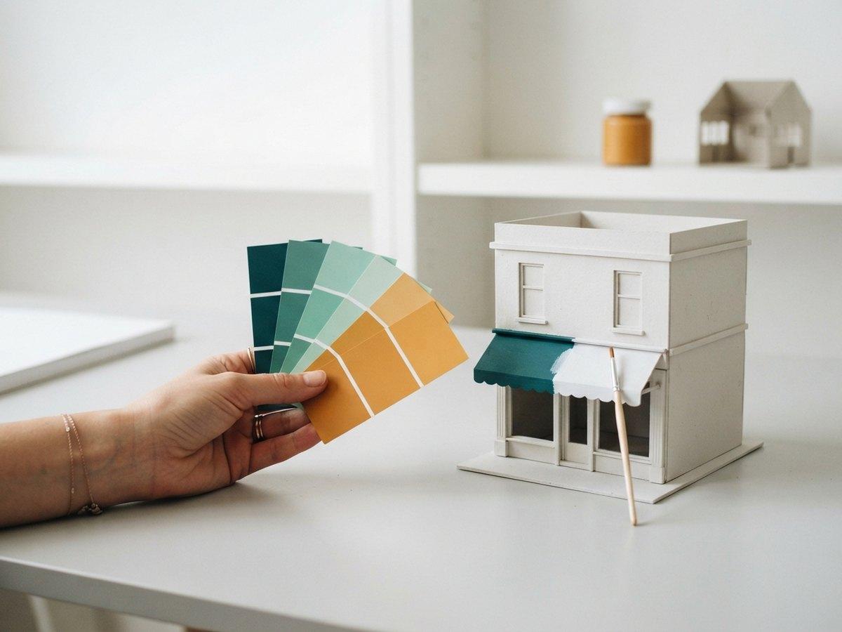 A hand holds a fan of teal and orange paint swatches beside a white model shop with a half-painted awning and a brush