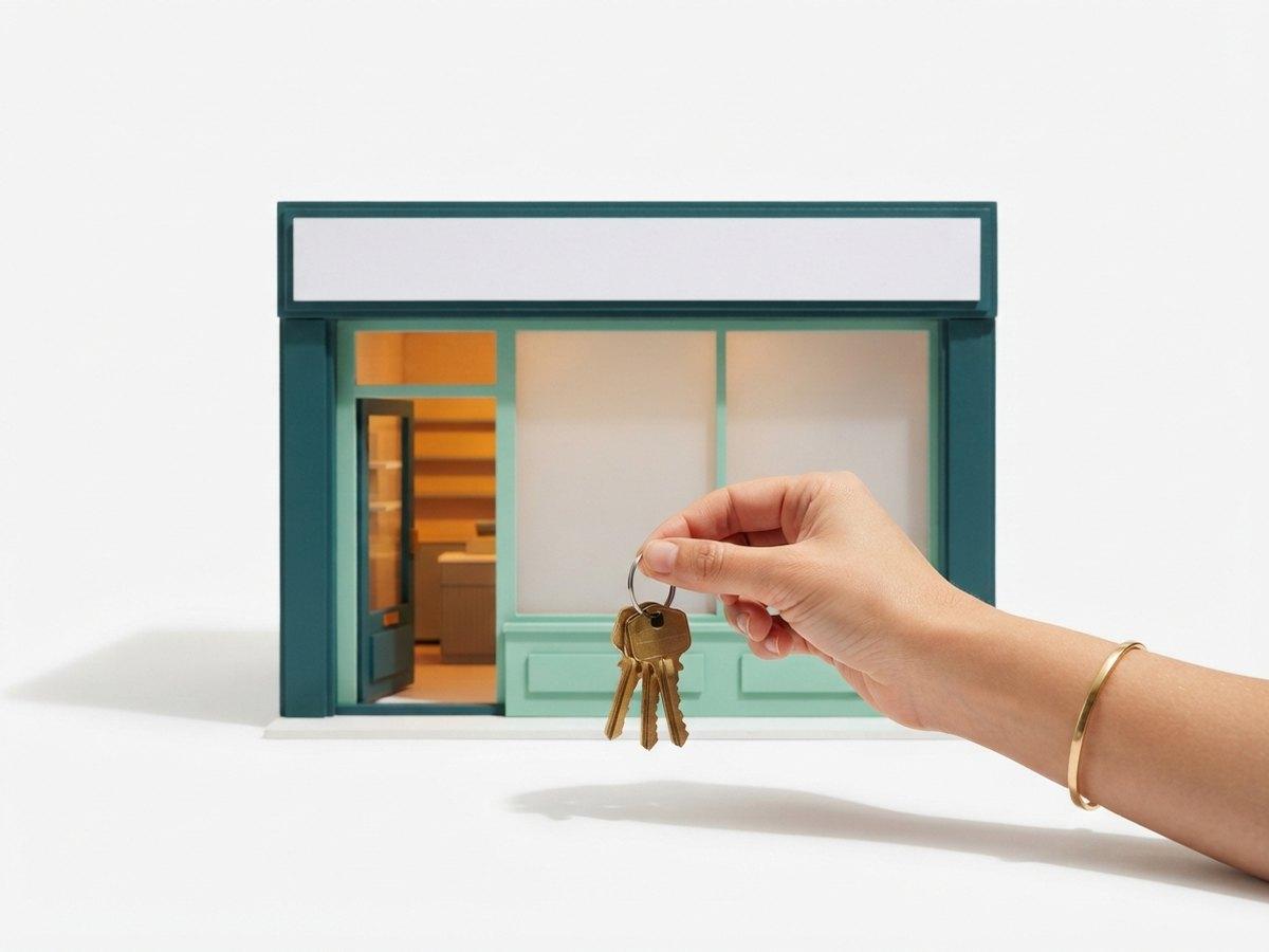 A hand holds a bunch of brass keys in front of a small teal model shopfront with a blank sign