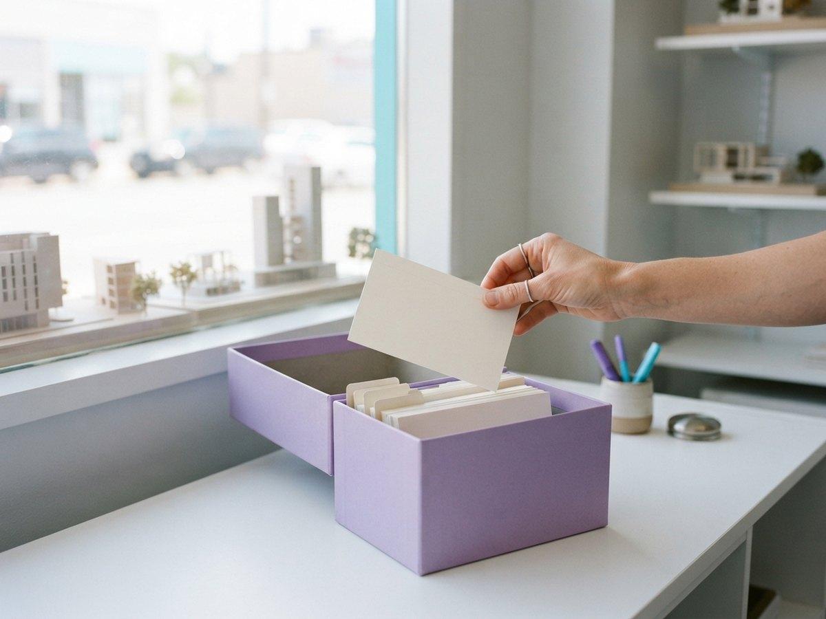 A hand lifts a blank index card out of a lilac box of dividers, with small architectural models by the window