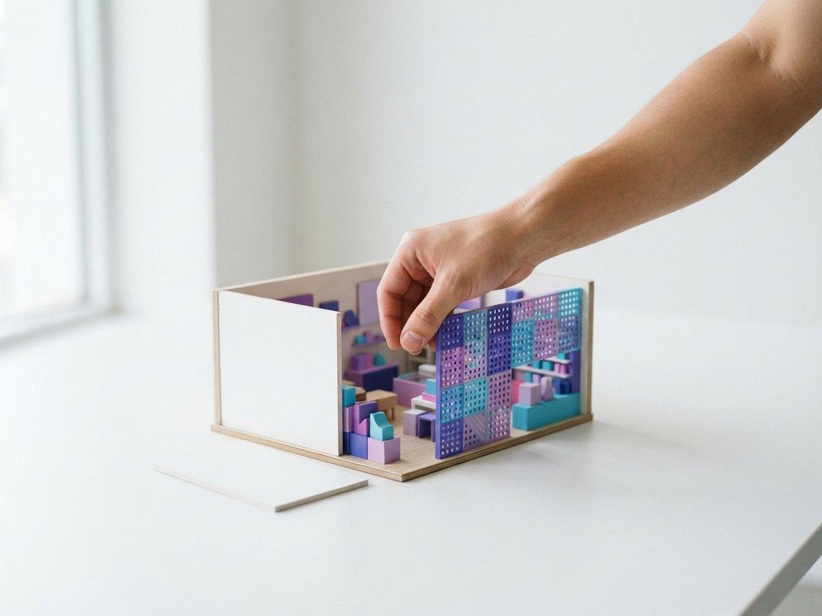 A hand lowering a patterned purple and teal wall into a small wooden room model, with a spare white panel beside it