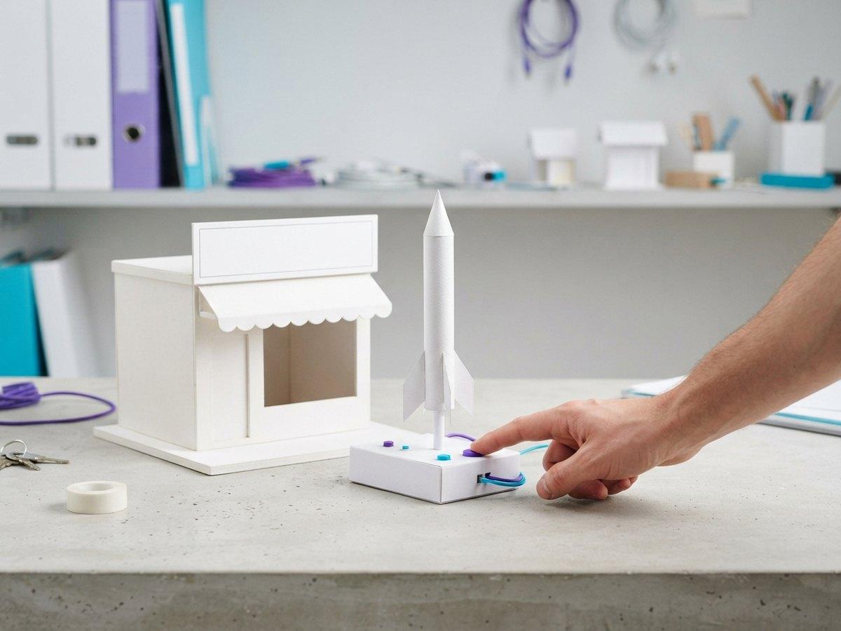 A hand presses a button on a small launch pad with a paper rocket, next to a white paper model shop