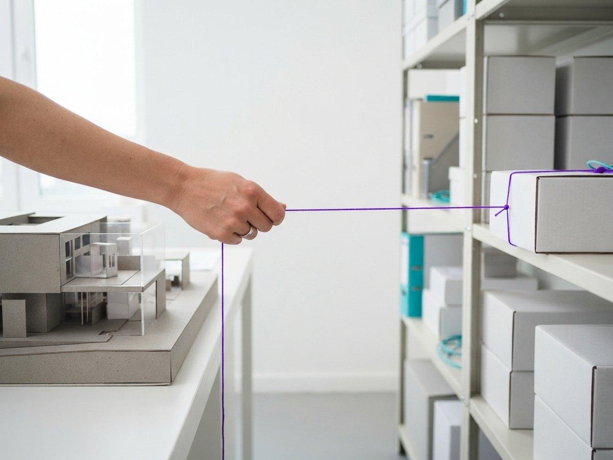 A hand pulling a purple string from a cardboard architectural model towards a box on a warehouse shelf