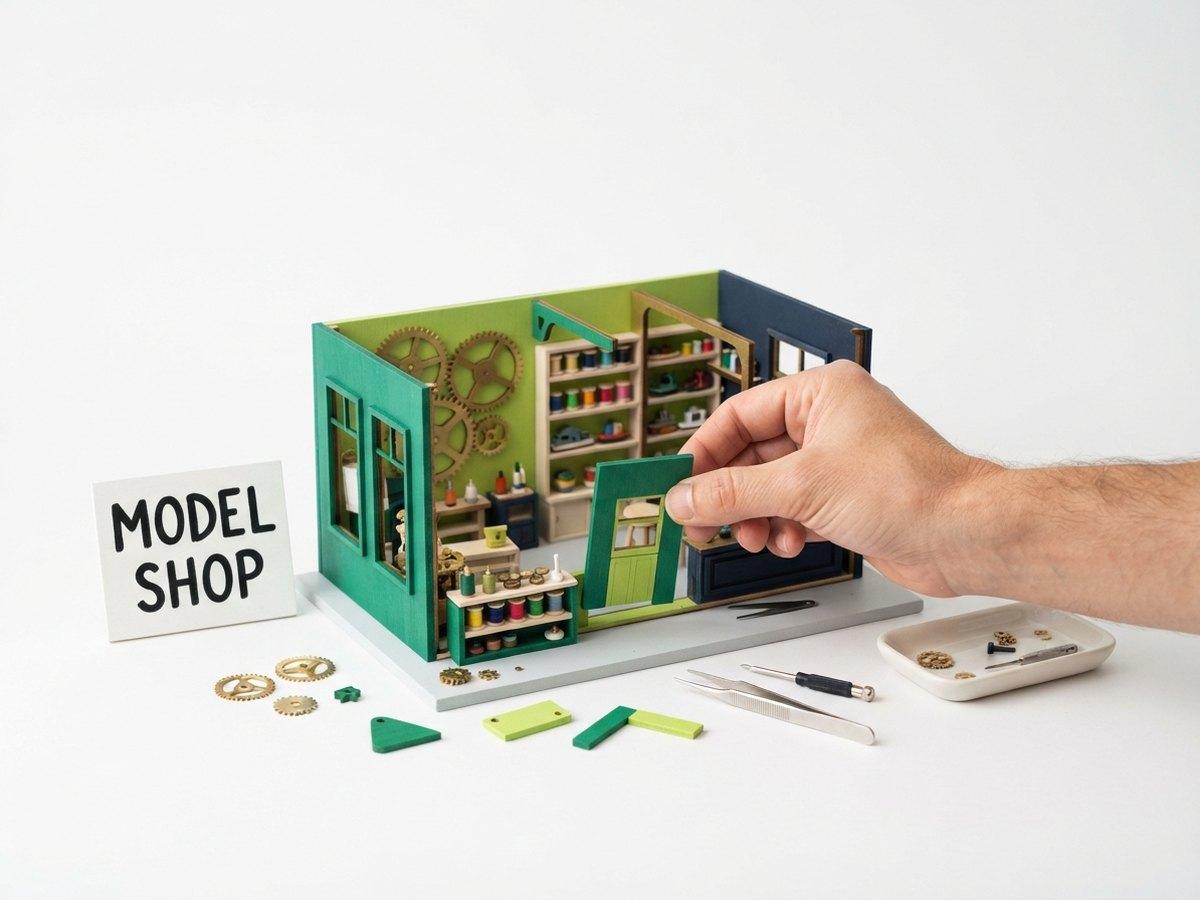 A hand fits a green door into a miniature workshop model with gears, shelves of thread and a sign reading MODEL SHOP