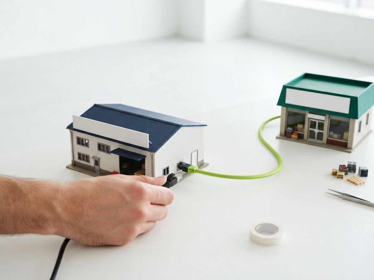 A hand plugging a green network cable into a model warehouse, the other end running to a small model shop
