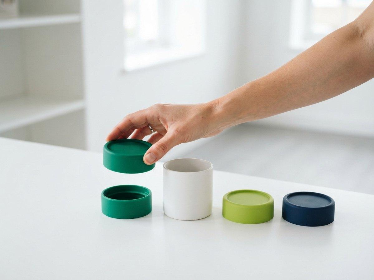 A hand lifts a green lid from a row of pots in green, white, lime and navy on a white table