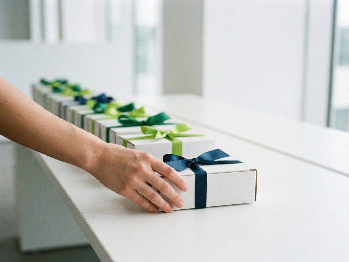 A hand rests on the nearest of a long row of white boxes tied with navy and green ribbons along a white table