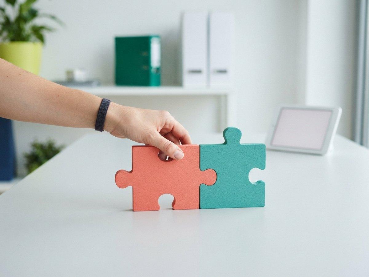 A hand pushes together a coral and a teal jigsaw piece on a white desk