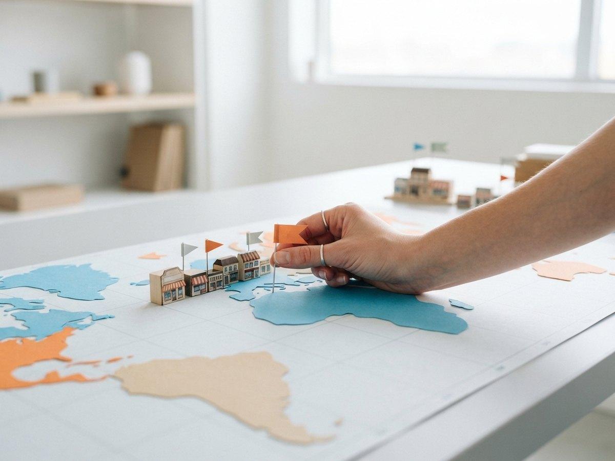 A hand placing an orange flag pin beside a row of tiny shopfronts on a paper world map