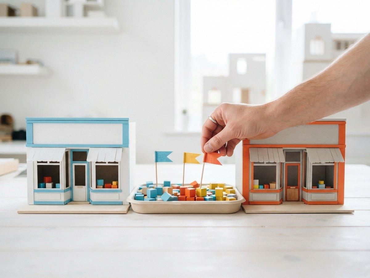 A hand places a small flag among colored blocks in a tray between a blue and an orange miniature shopfront