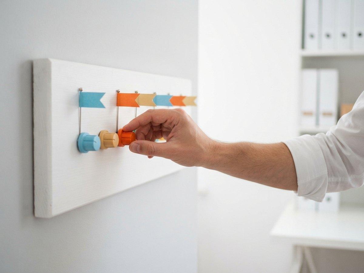 A hand turning an orange knob on a white board with rows of small dials and colored paper flags above them