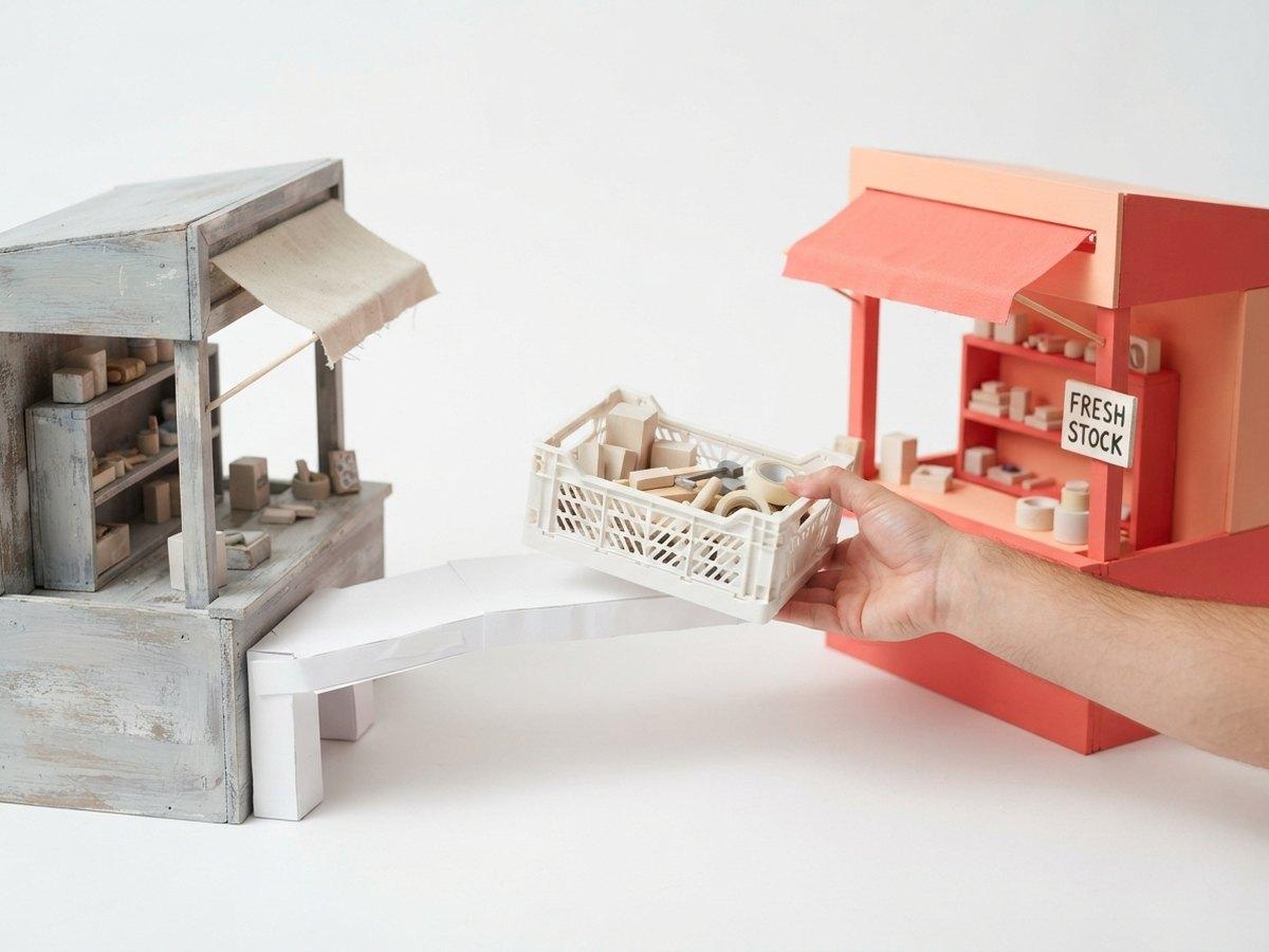 A hand carries a crate of small wooden blocks over a paper bridge from a weathered gray model stall to a coral one marked FRESH STOCK