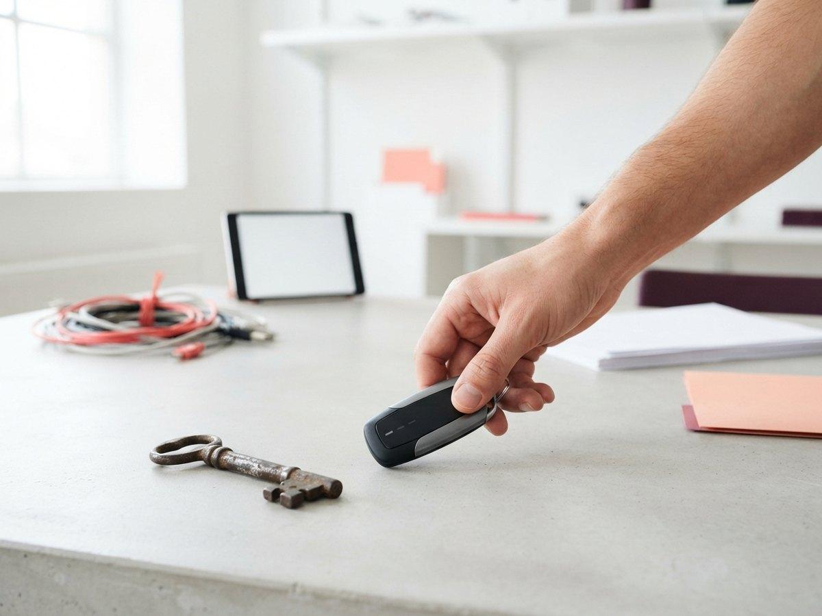 A hand reaching for a modern black key fob on a concrete desk, beside an old rusty key and tangled cables