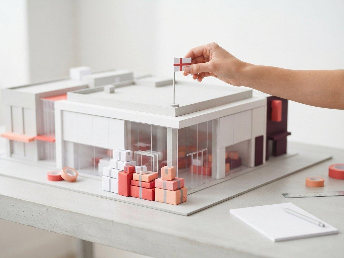 A hand places a small flag on the roof of a white model store with stacks of wrapped parcels at its front corner