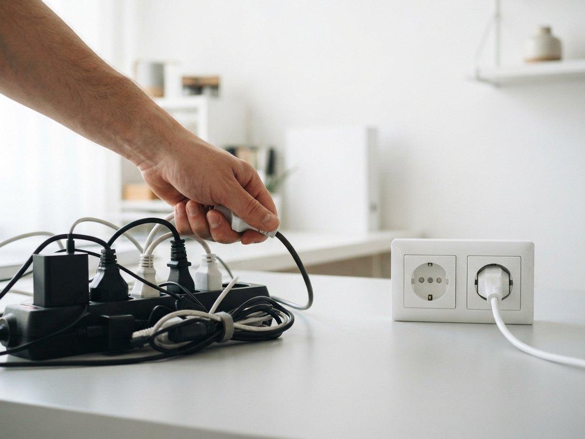 A hand unplugging a cable from a tangled black power strip, next to a wall socket with one white cable plugged in