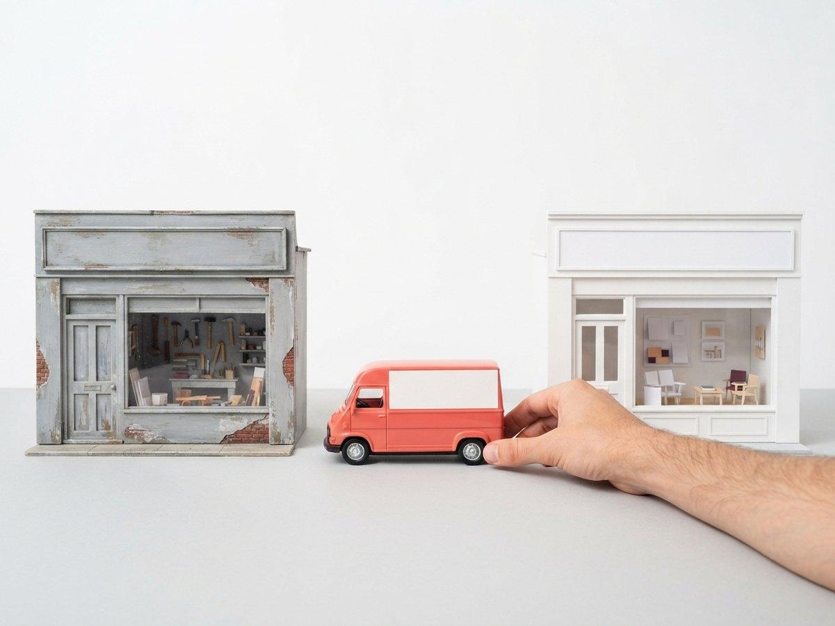 A hand pushes a small red toy van between a weathered gray model shop and a clean white model shop