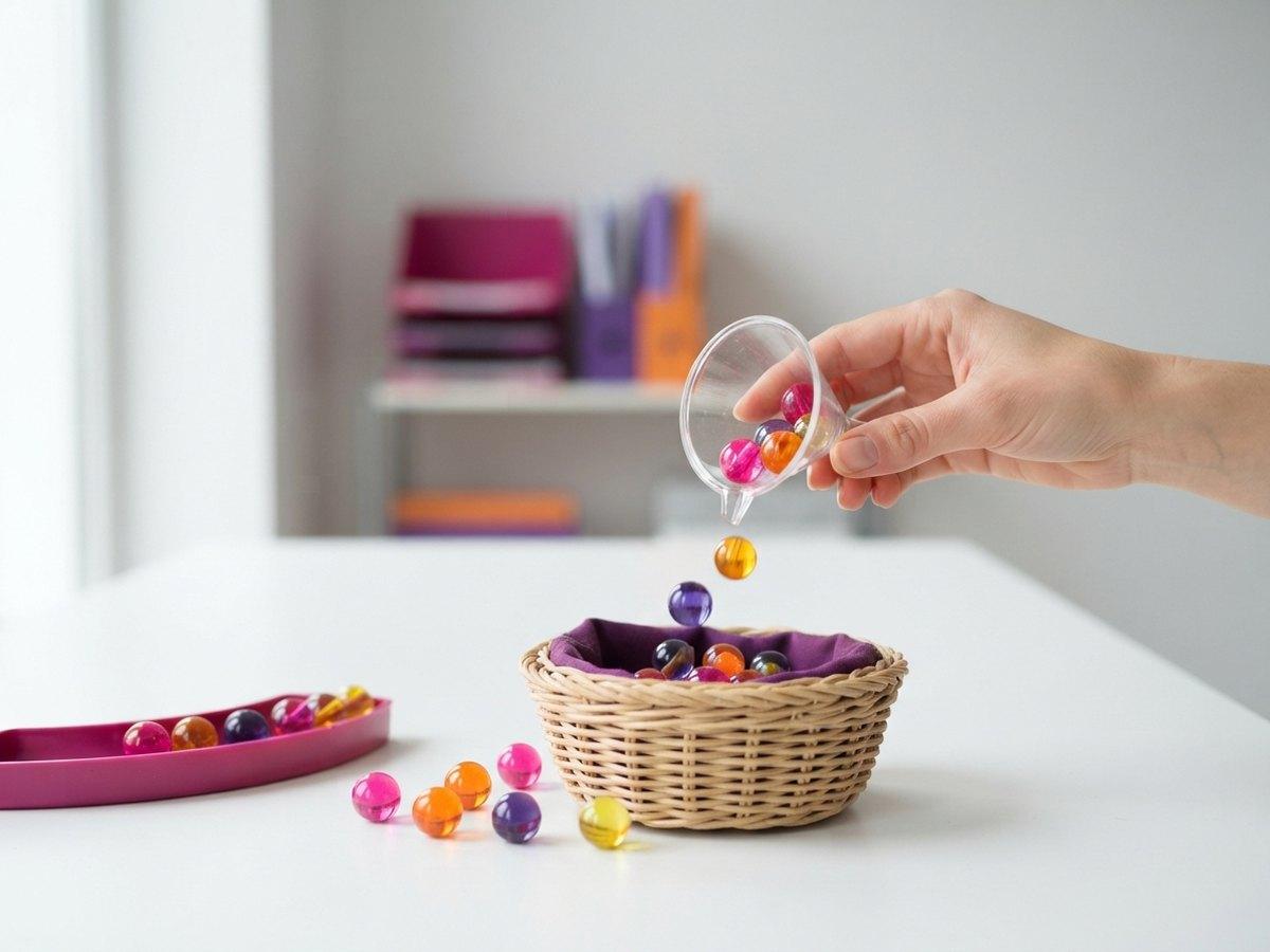 A hand pours glass beads from a small funnel into a wicker basket, with more beads scattered on a white table