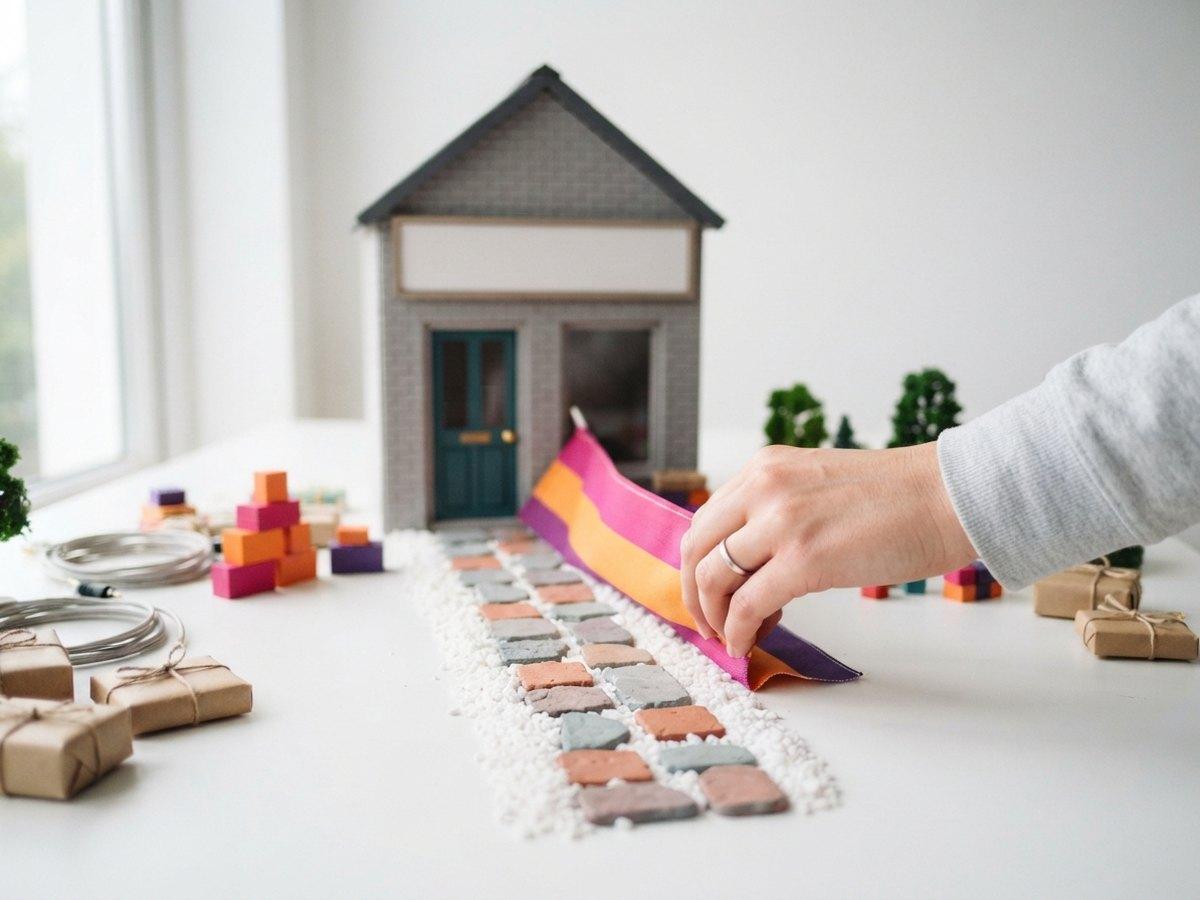 A hand smoothing a pink and orange ribbon path leading to the door of a small model house on a white table