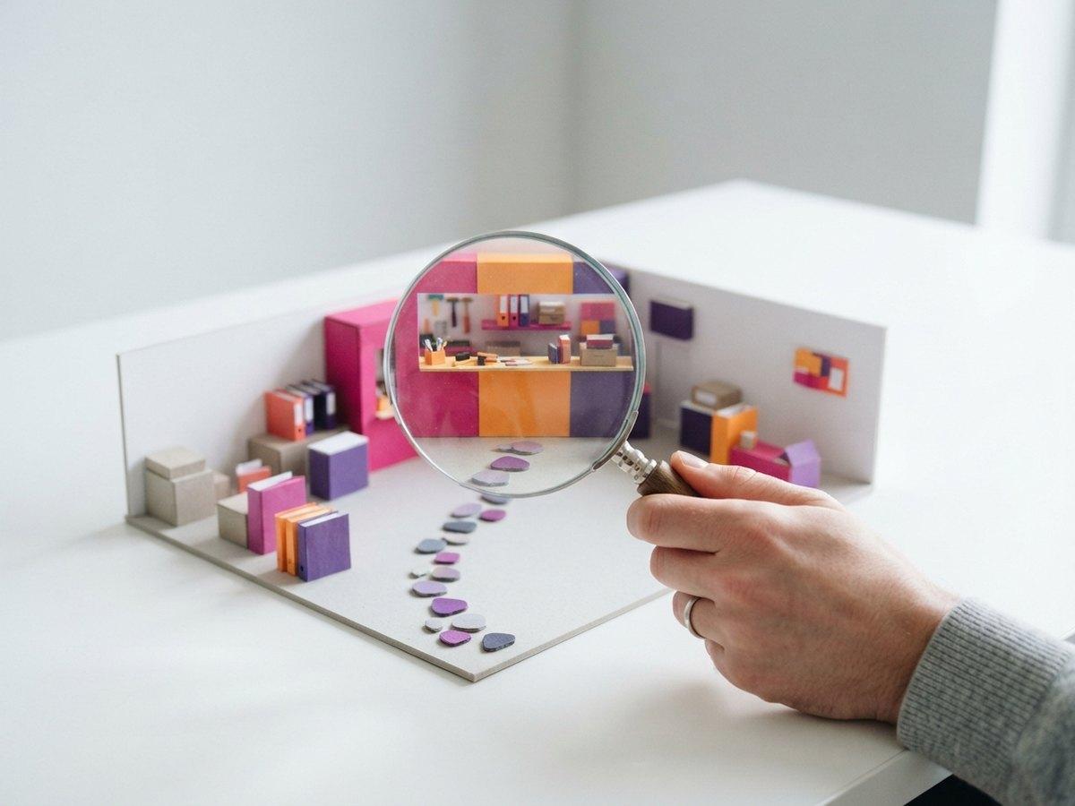 A hand holds a magnifying glass over a miniature shop room, with stepping stones leading to a counter at the back