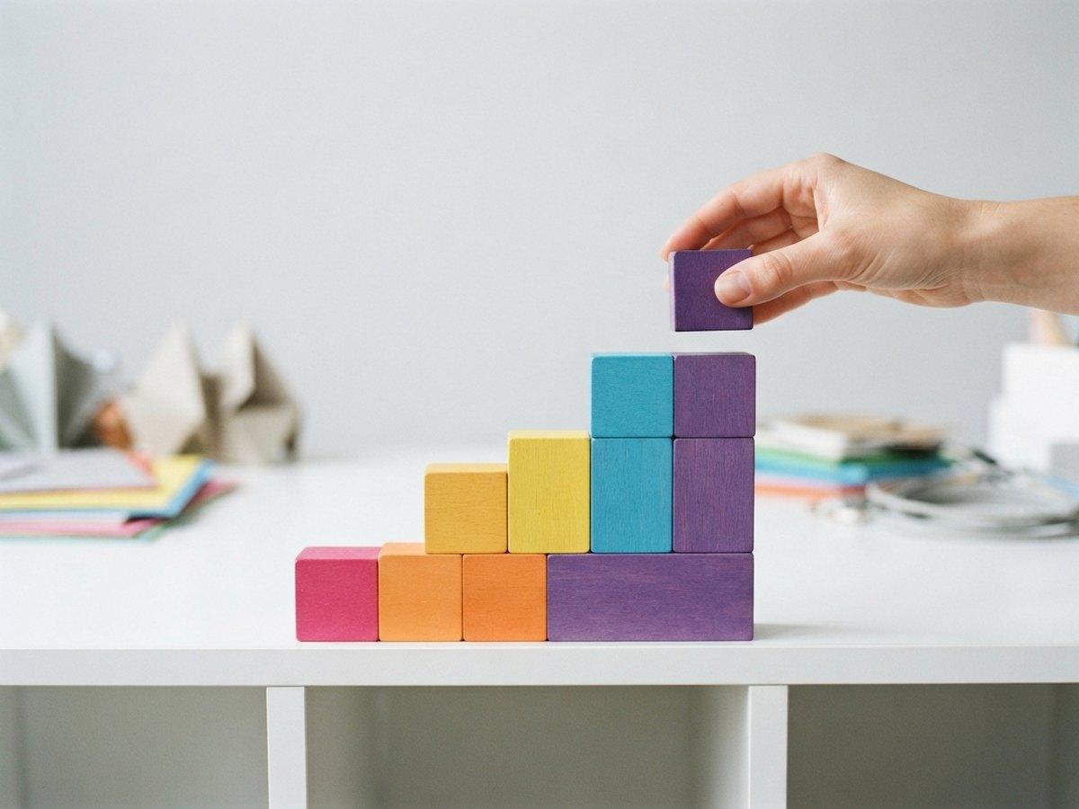 A hand places a purple wooden block on top of a staircase of colorful stacked blocks on a white table