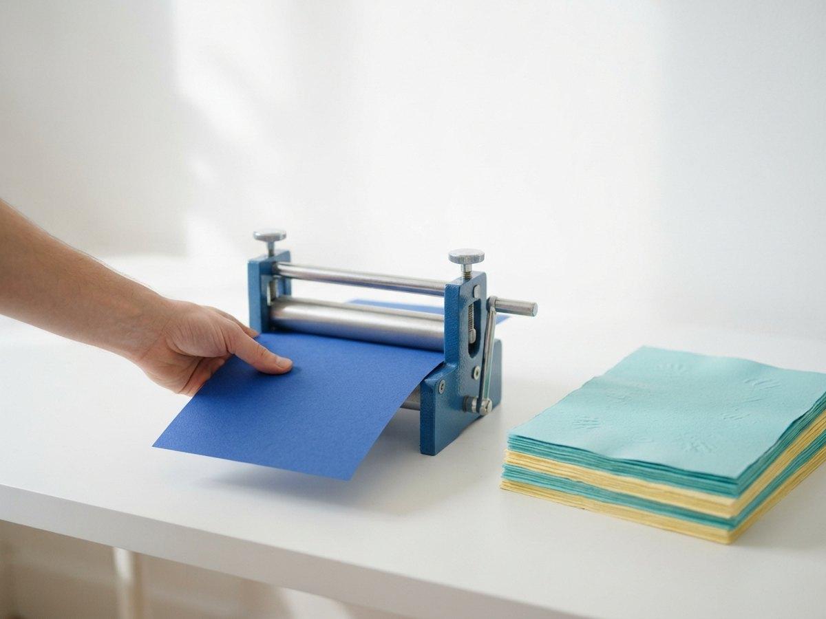 A hand feeding a sheet of blue paper into a small hand-cranked roller press beside a stack of teal and yellow paper