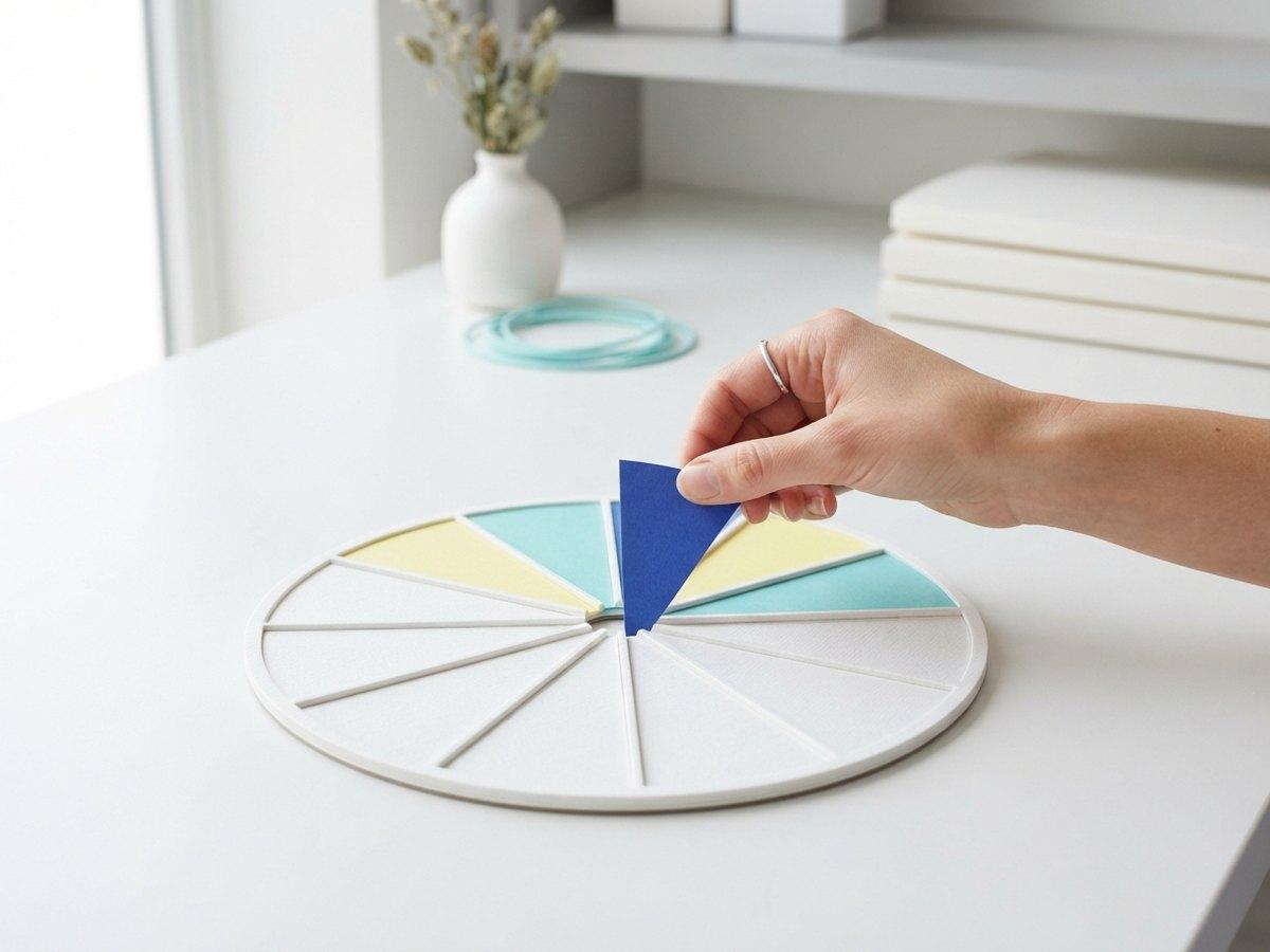 A hand placing a blue triangle into a circular white board of wedge slots, some already filled in teal and yellow