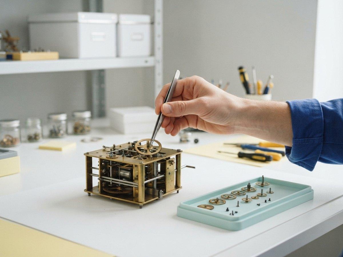 A hand uses tweezers to adjust a gear in a small brass clockwork mechanism, with spare parts in a pale green tray