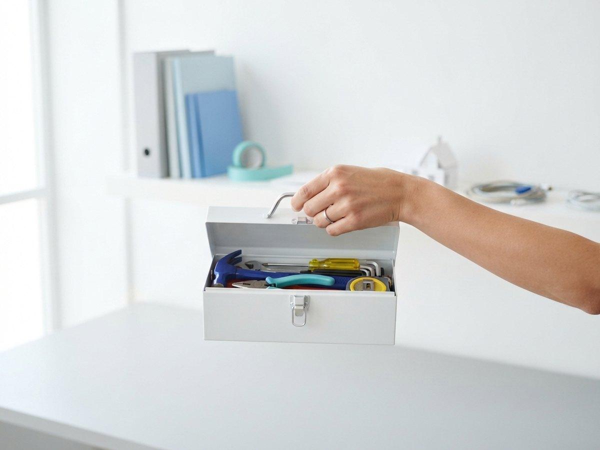 A hand holds a small white metal toolbox open, showing a hammer, pliers and a screwdriver inside