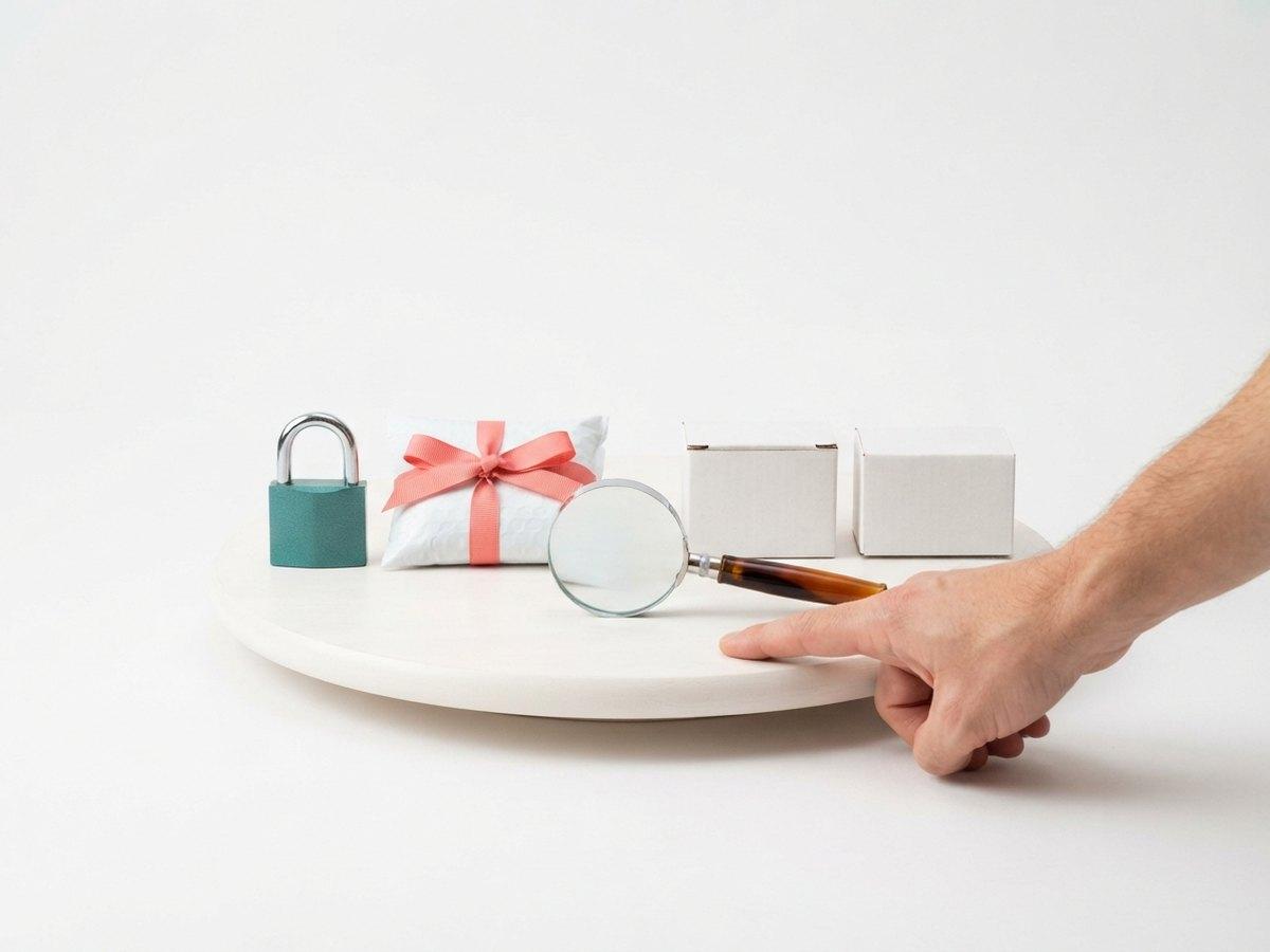 A hand rests on a white tray holding a padlock, a ribboned parcel, a magnifying glass and two plain white boxes