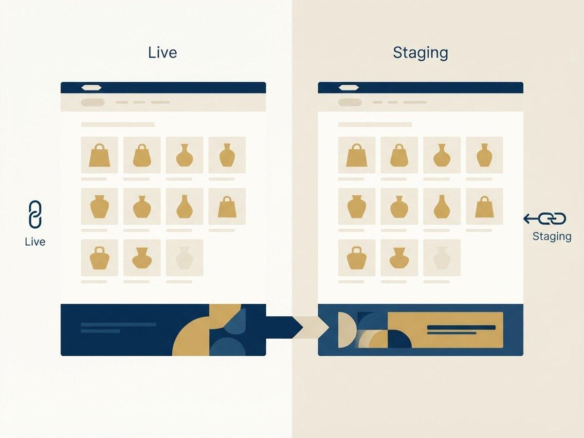 A staging theme preview link beside the live store, same products, new section