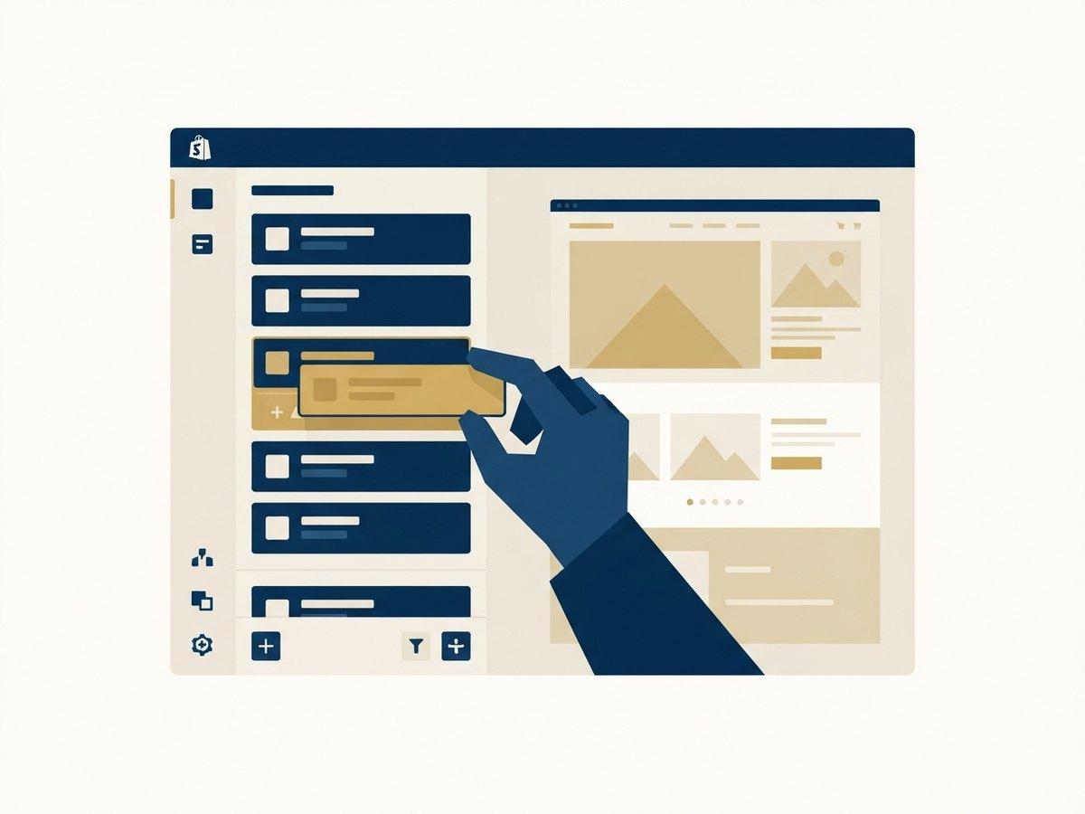 Shopify theme editor with custom sections being rearranged