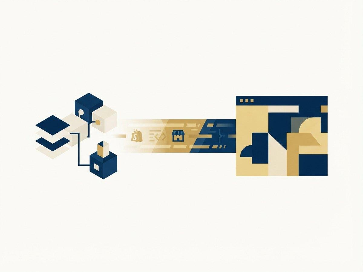A headless architecture diagram: Shopify data, Storefront API, custom front end