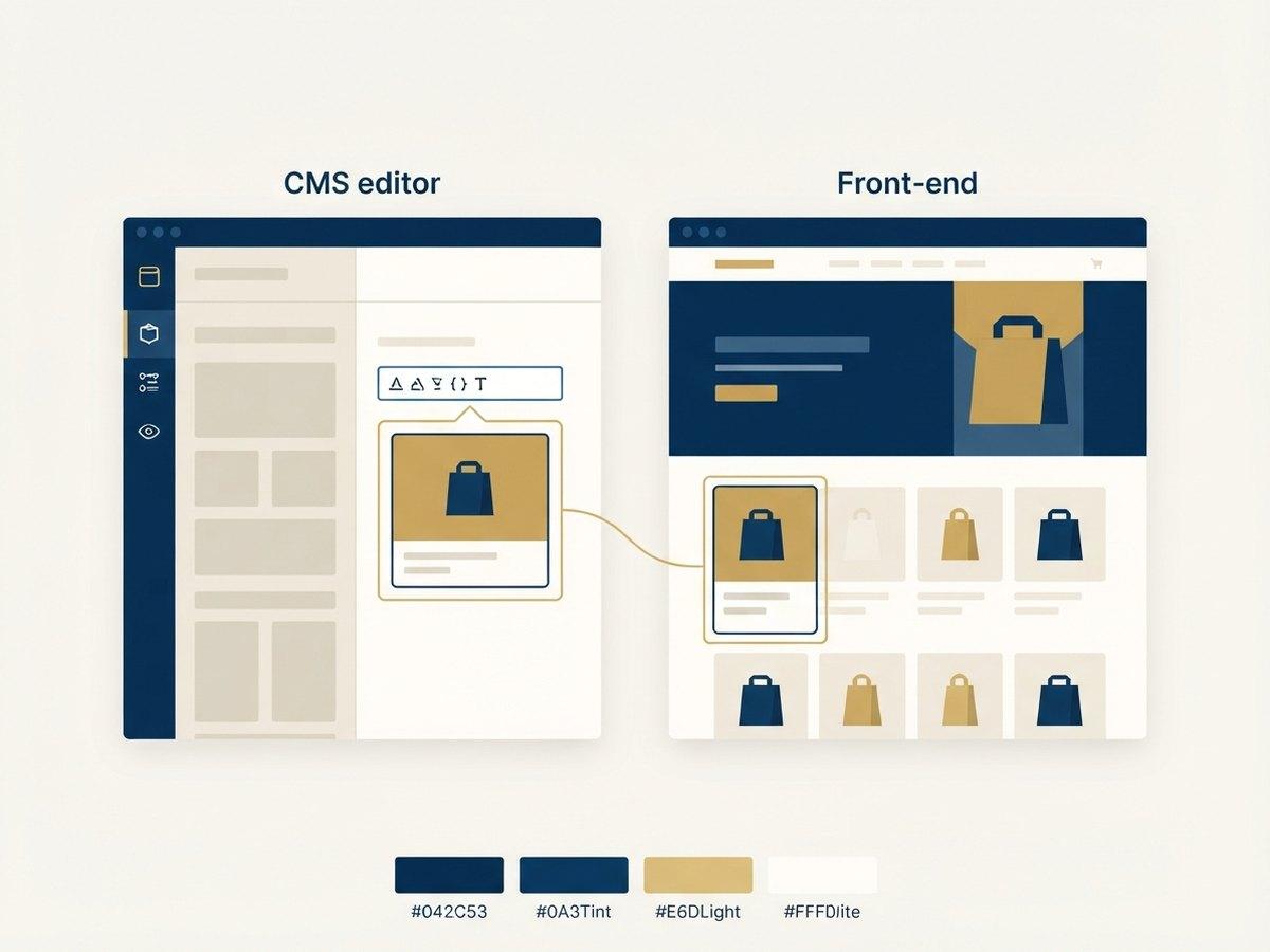 A CMS editor beside the front end it renders, with a product reference highlighted