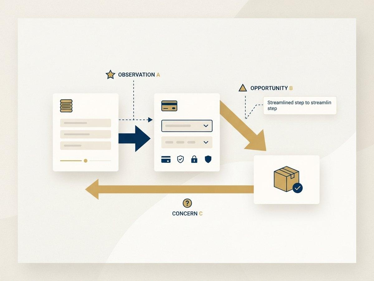 A marked-up checkout flow with findings annotated