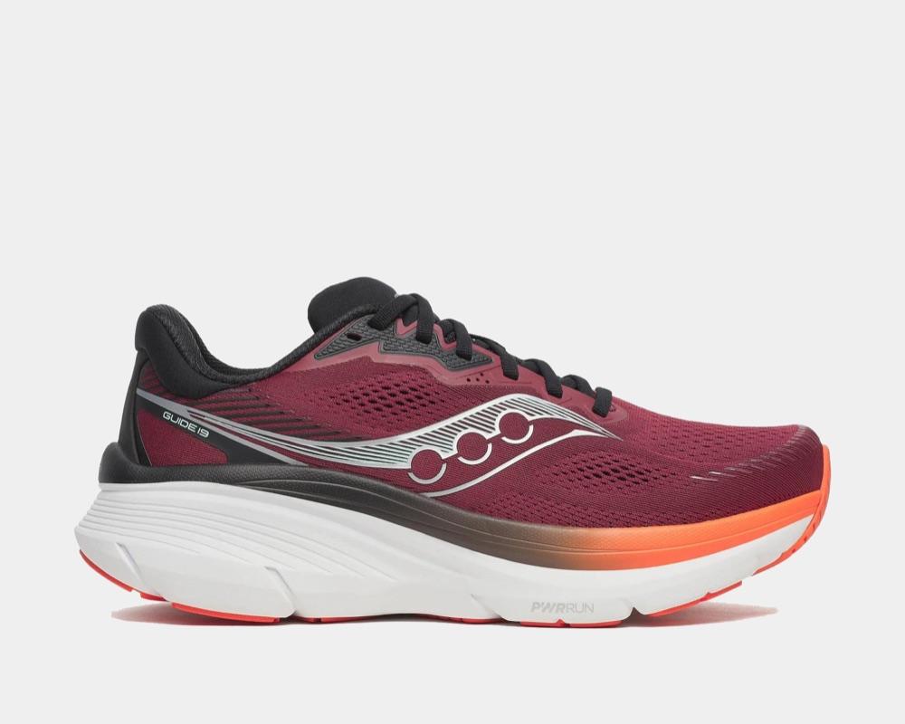 Saucony Guide 19 running shoe in crimson with an orange midsole, side view on a plain light gray background