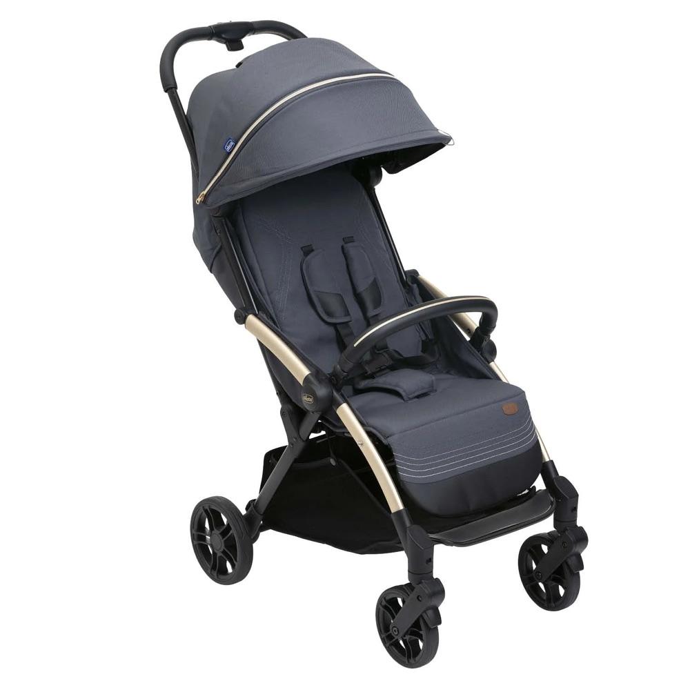Chicco Goody XPlus stroller in dark shadow grey with gold frame trim and a hood with a zip trim