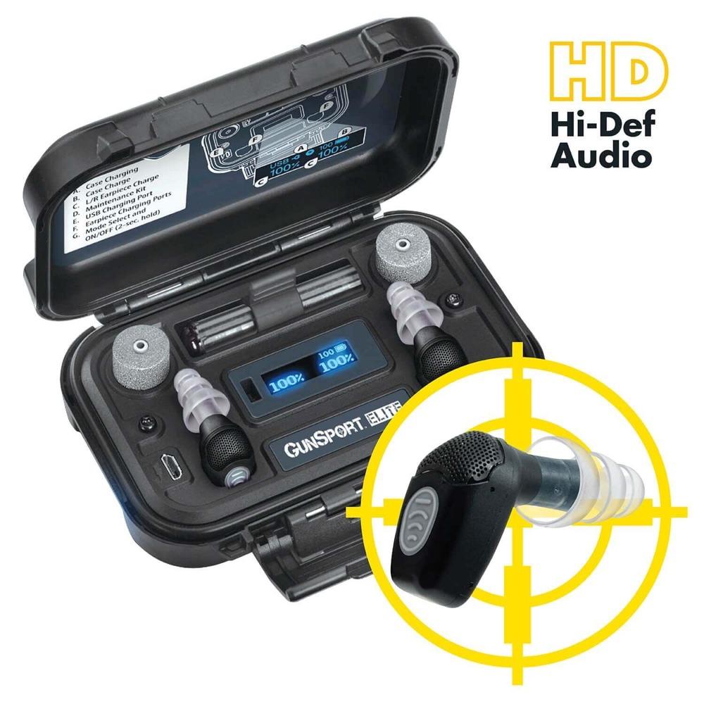 Etymotic GunSport Elite electronic hearing protection in its open black charging case, with a gunsight graphic around one earpiece and a Hi-Def Audio mark