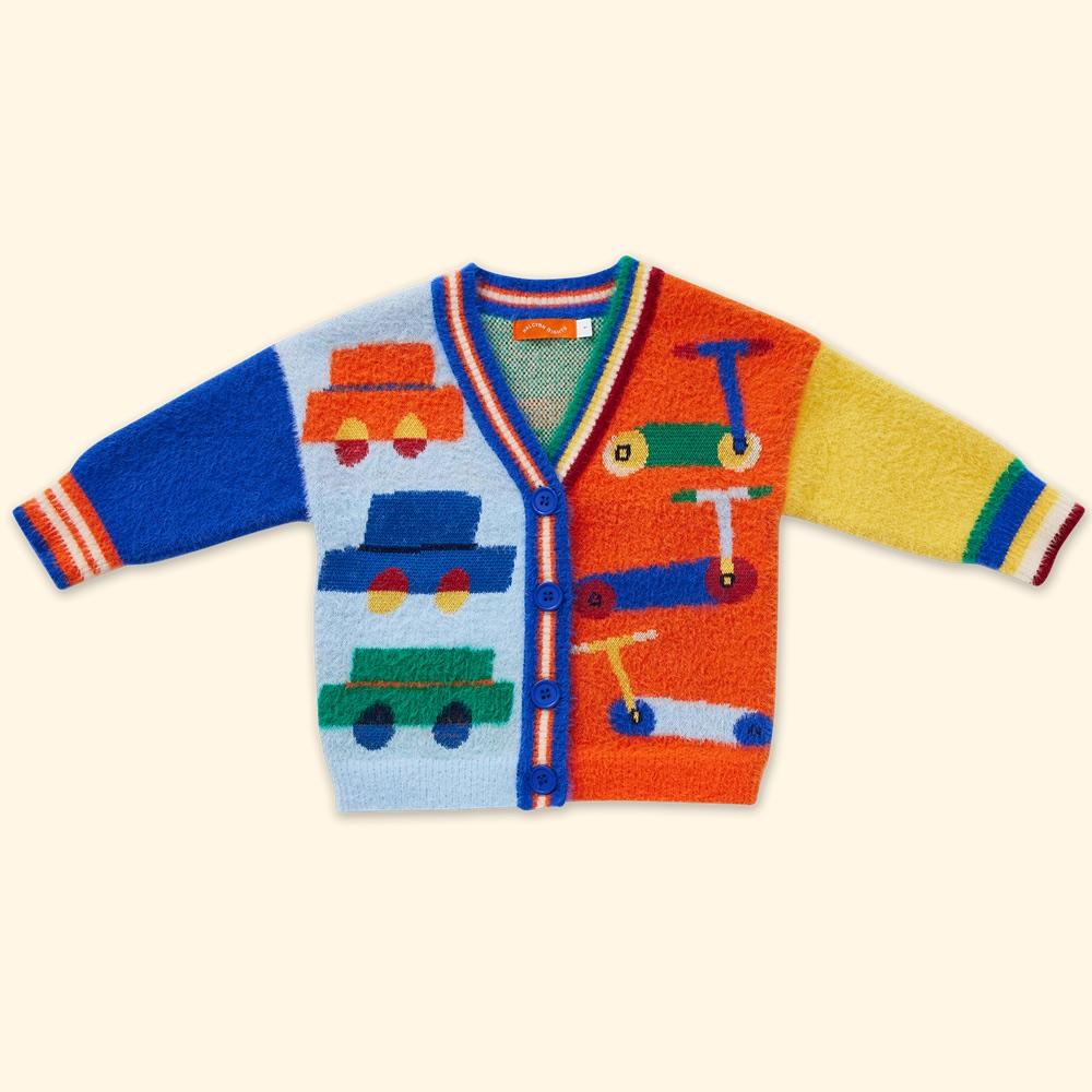 Halcyon Nights Beep Beep fluffy knit cardigan in blue, orange and yellow with cars on one side and scooters on the other