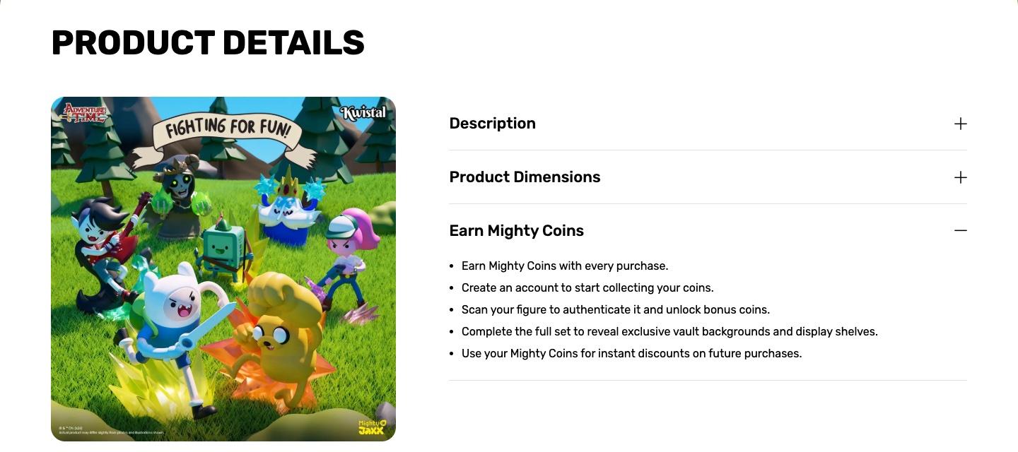 Mighty Jaxx product details with the Earn Mighty Coins panel open: earn coins with every purchase, scan your figure to authenticate it and unlock bonus coins, and complete the full set to reveal vault backgrounds and display shelves