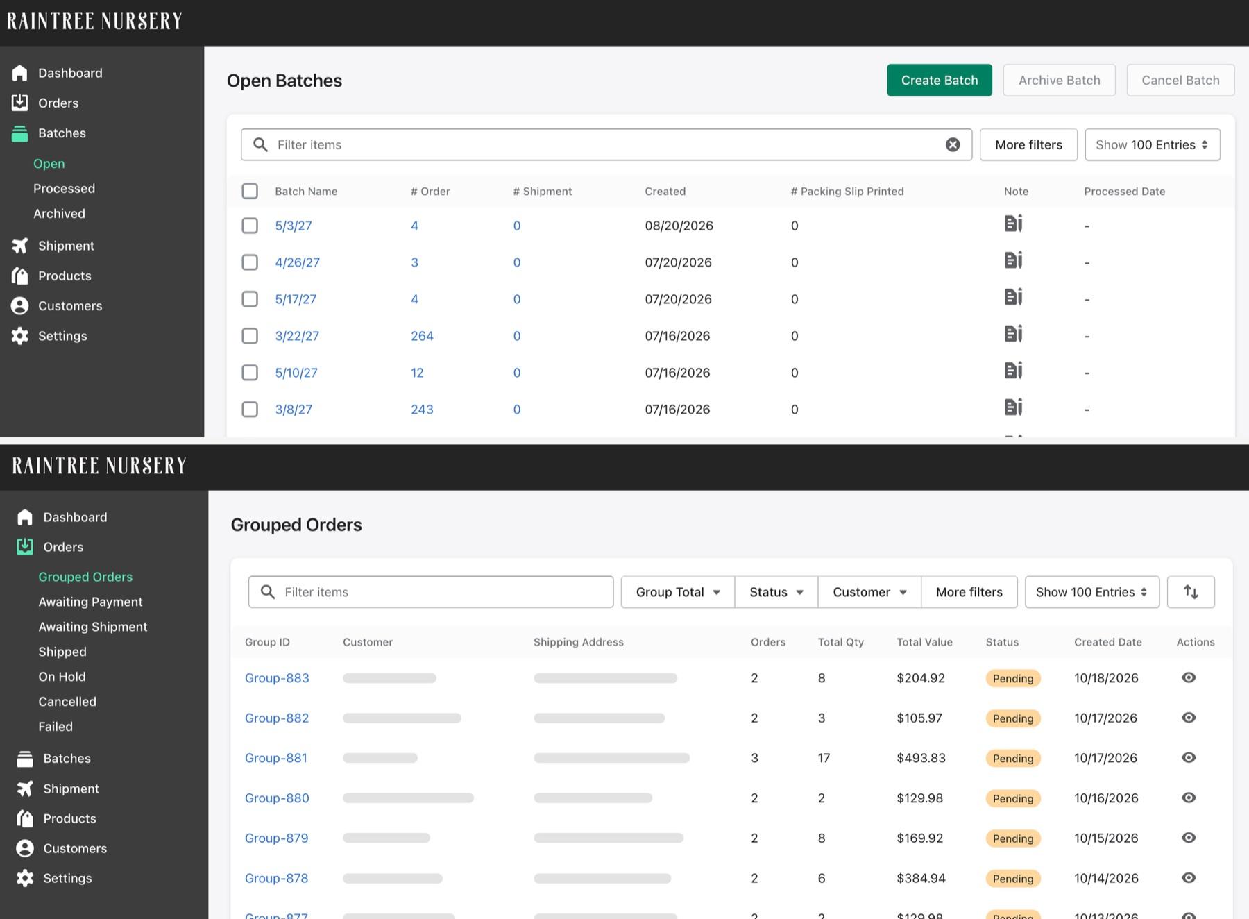 Two screens of the Raintree Nursery shipping app: Open Batches, a table of batches named by date with order counts and packing slips printed, and Grouped Orders, a table of groups with customer and address hidden, order counts, quantities, values and Pending status