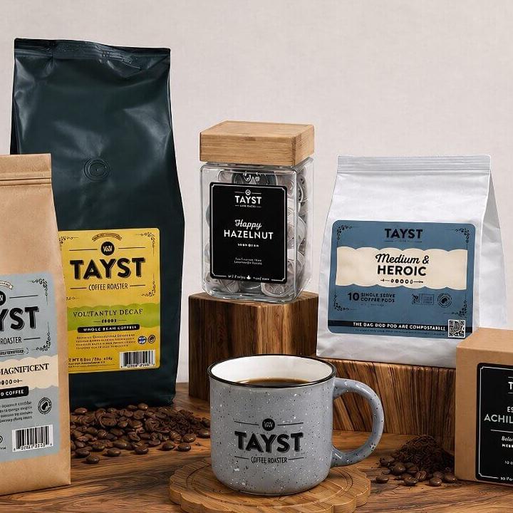 Tayst coffee bags, a jar of Happy Hazelnut pods and a speckled gray Tayst mug on a wooden stand with scattered coffee beans