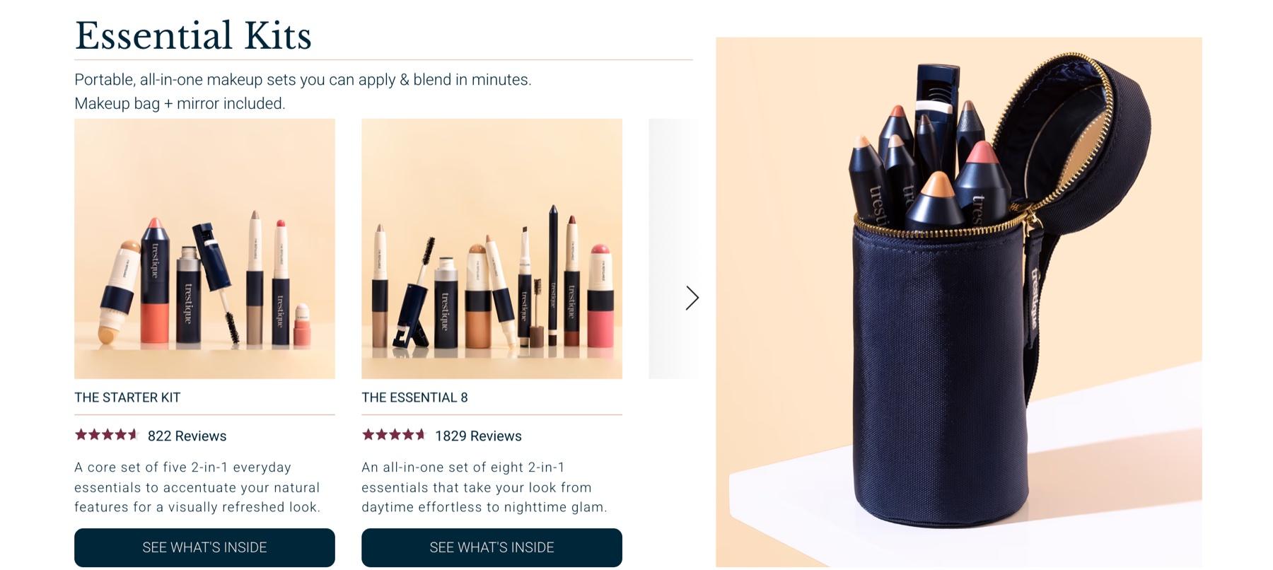 Trestique Essential Kits page with the headline Essential Kits, the text Portable all-in-one makeup sets, cards for The Starter Kit and The Essential 8, and a navy makeup bag filled with crayons