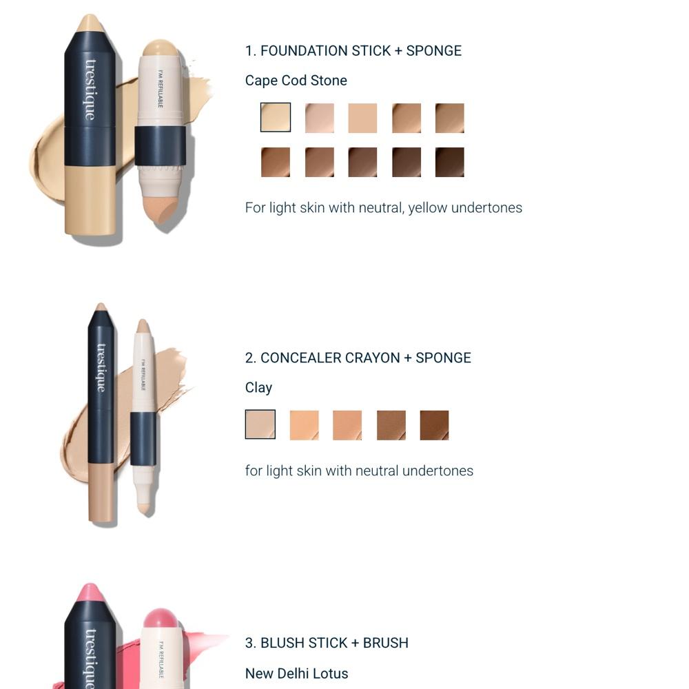 Kit builder list showing a foundation stick with sponge and its ten shade swatches, and a concealer crayon with sponge and its five shade swatches